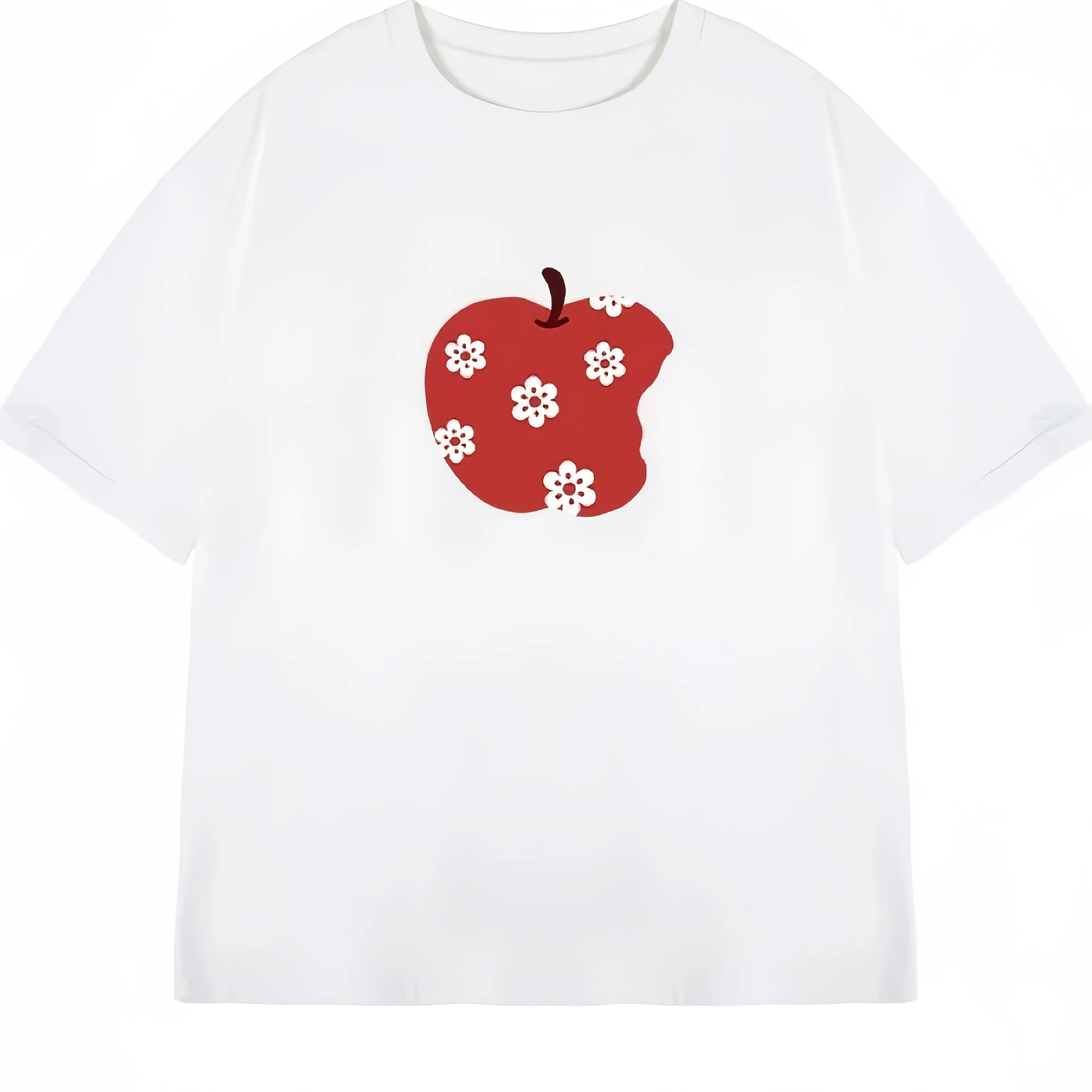 Women's Plus Size Red Apple and Floral Print T-shirt Pure Cotton Breathable Fashionable and Versatile Unisex Oversized