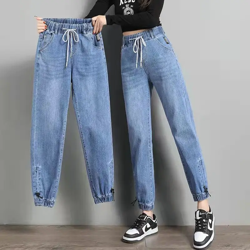 

2023 Drawstring Ankle-length Loose Jogger Jeans Women Solid Color Streetwear Scratch Denim Pants All-match Elastic Denim Pants