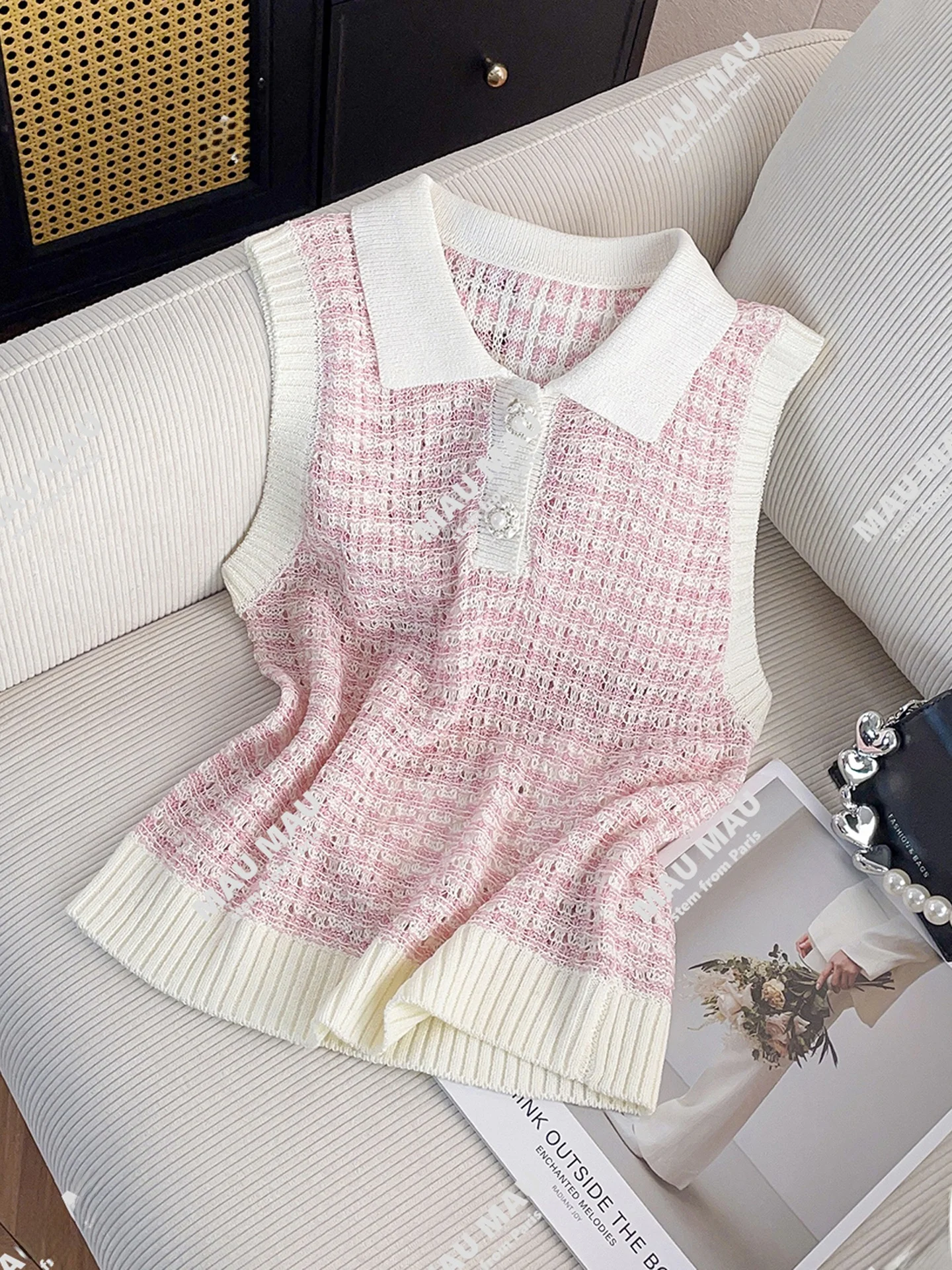 

Sweet Collar Hollow out Knit Vest Top for Women High End Summer Fashion Commute Style Short Length Color Chinese Produc...
