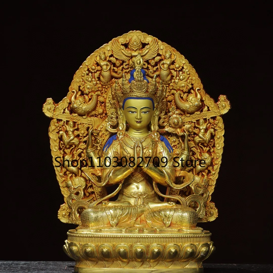 Tibetan brass gilt painted face drawing gem four arms Guanyin Tara ornament home incense case Buddhist hall ornament 34 cm