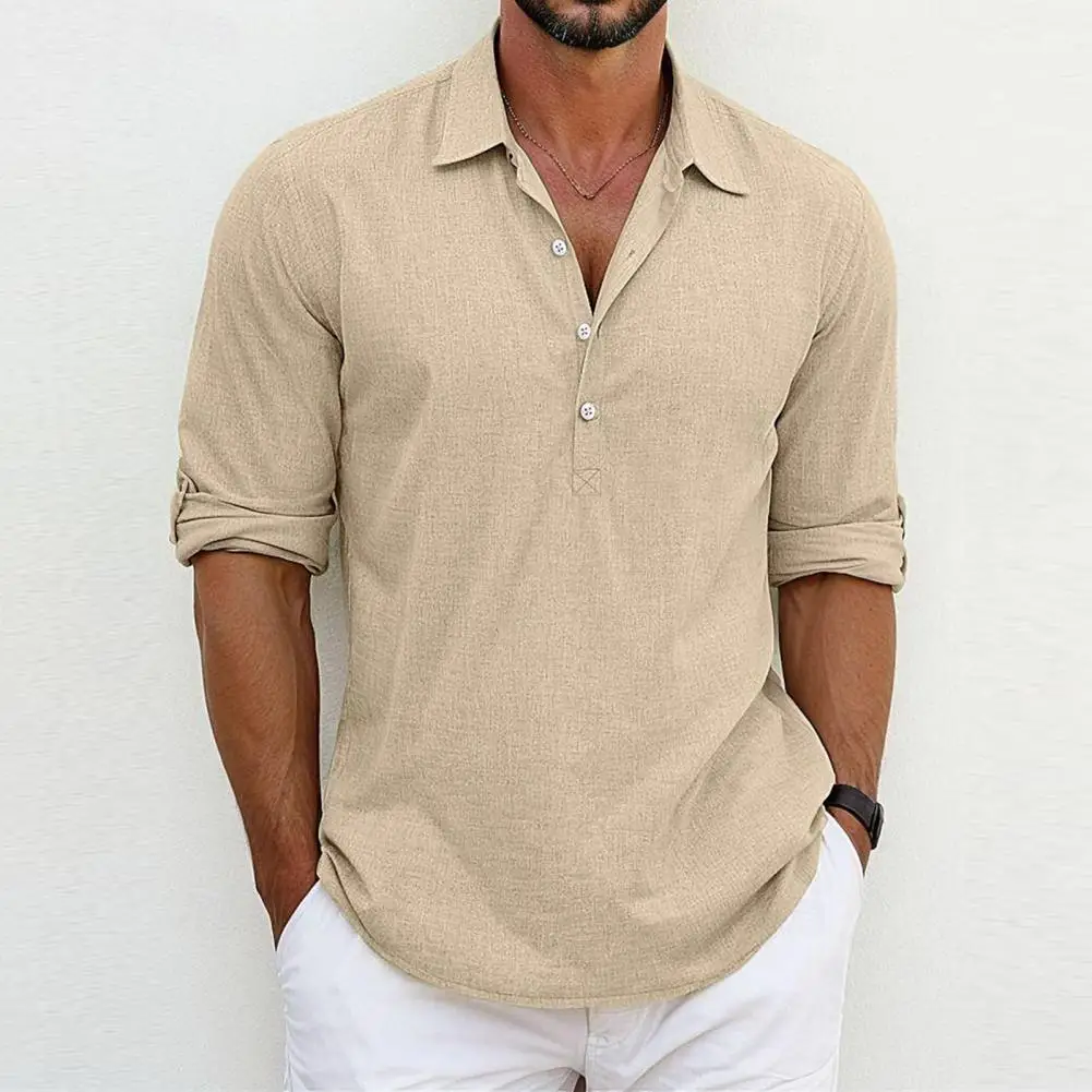 Men Button-down Top Loose Mid Length Men's Shirt Solid Color Half-open Collar Daily Wear Top Summer Beach Shirt