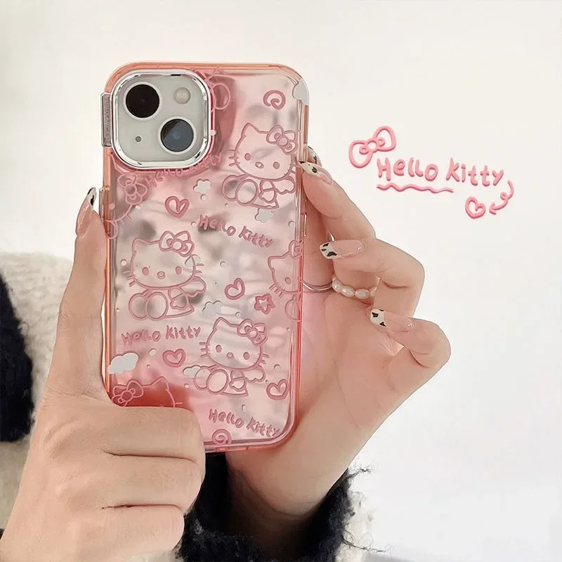 Sanrio funda de Hello Kitty para IPhone, carcasa bonita de dibujos animados con espejo galvanizado, color rosa, para modelos 15, 14 Pro Max, 11, 12,