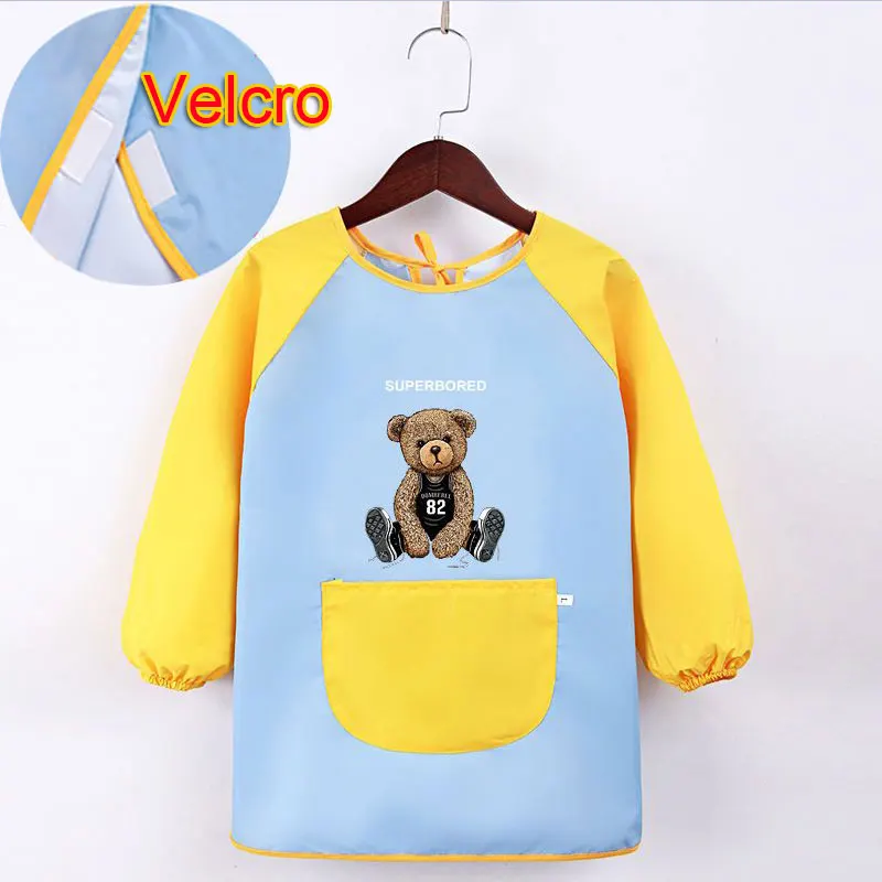 Baby Kids Toddler Long Sleeve Scarf Waterproof Art Smock Feeding Bib Apron Pocket Infant  Burp Cloth Bibs Cartoon Print Smock