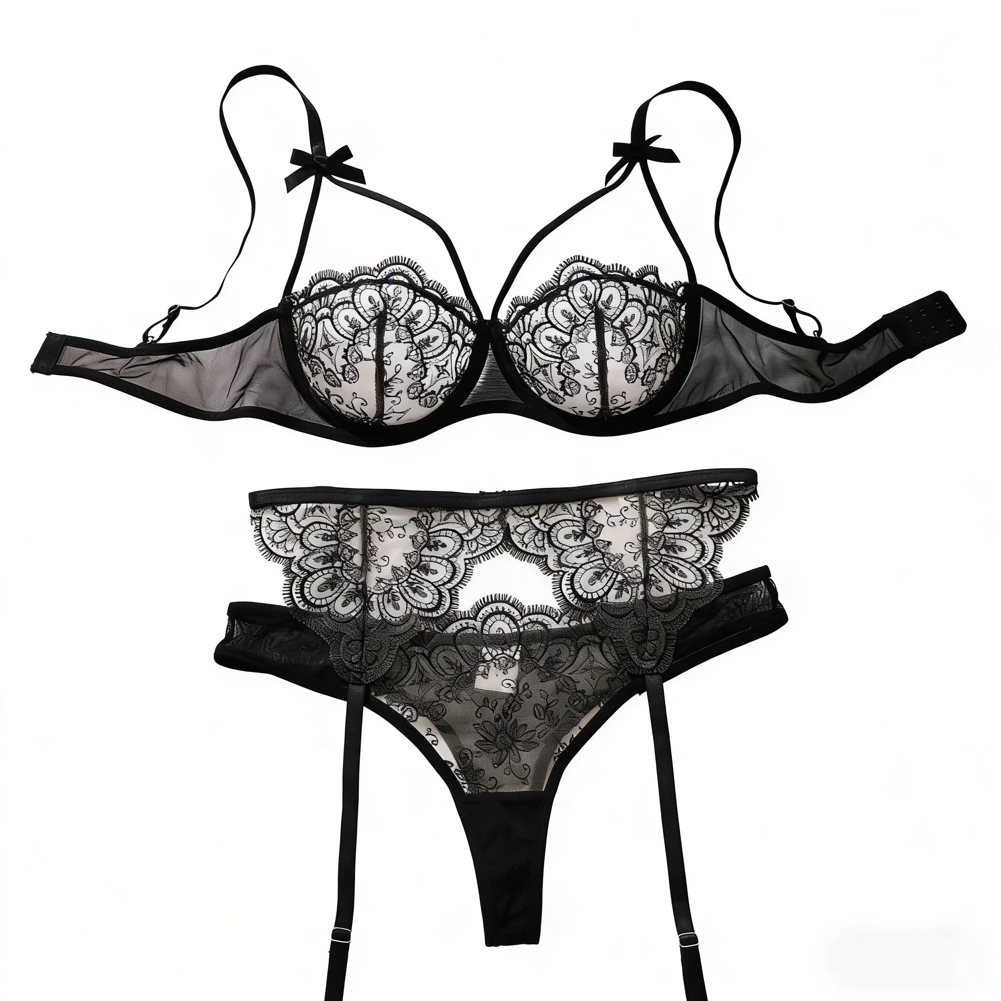 Black Thigh-High Stockings With Sexy Lace Single-Layer Thin Embroidered Lingerie Set, French-Style Pure Passion ZA825205