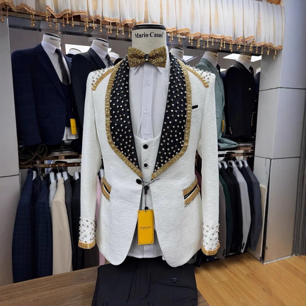 Ternos de casamento sob medida para homens, 2 peças, calças blazer para noivo, xale, lapela, um botão, apliques, moderno, personalizado, escritório de negócios