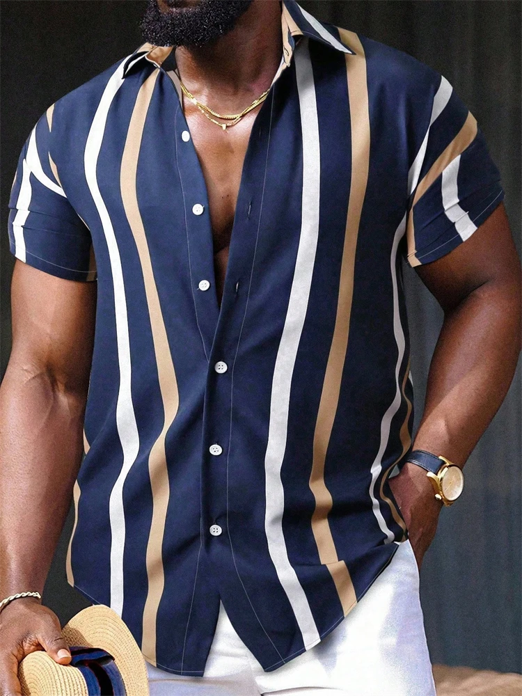 Men's Summer Casual Short-Sleeve Shirt Stylish Striped Print Everyday Wear Business Casual Commuter Attire Loose-Fit Top