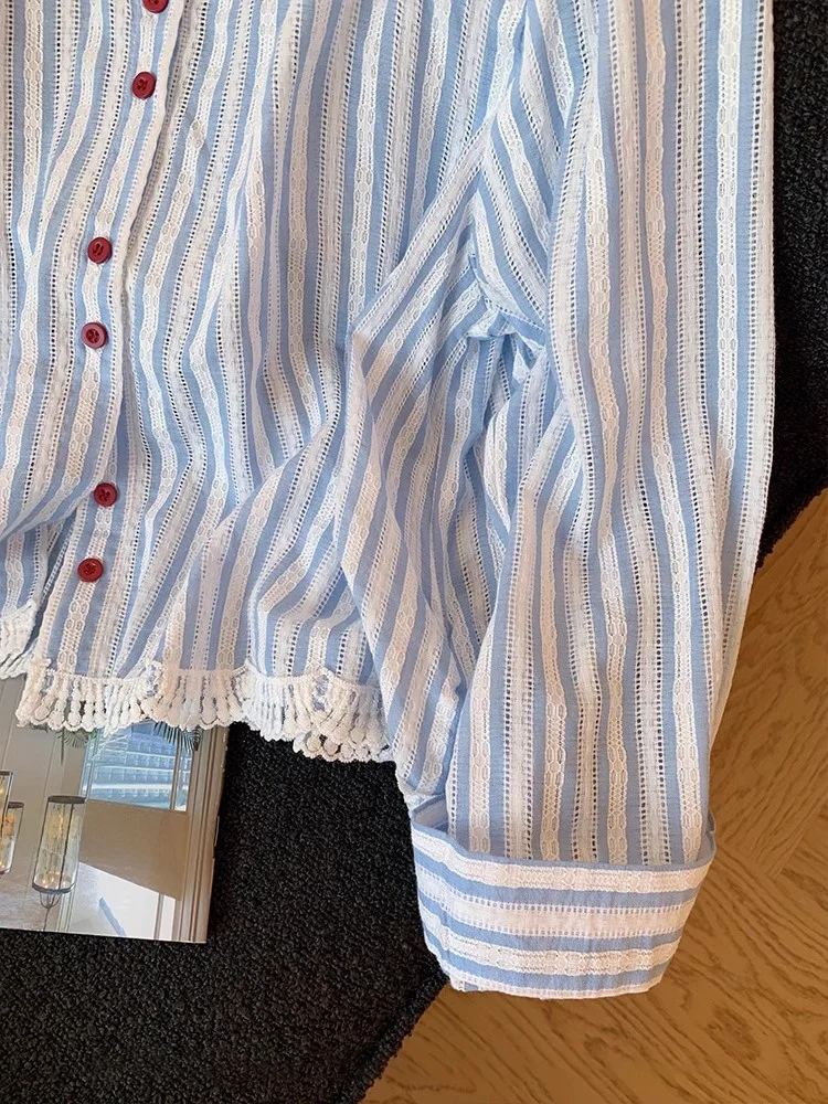 Schicker, süßer Spitzenbesatz, gestreift, lässig, Ne irt Damen, Frühling, Sommer, Design, Sensation, lockere Passform, lang, Sve, Knopfleiste