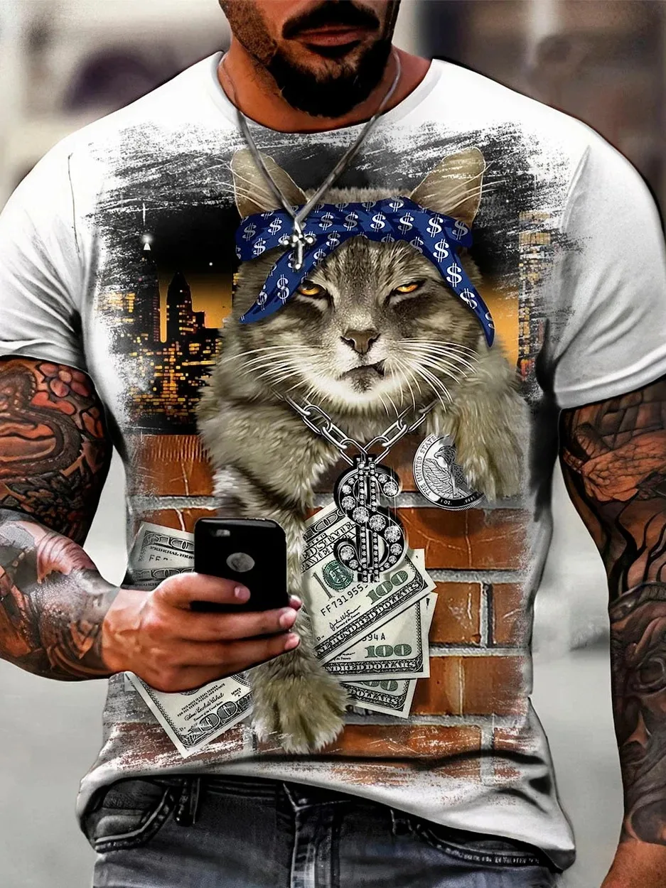 Male Trend Cat Element T Shirt For Men Daily Outdoor Fashion Regular Fit O-neck Short Sleeve Comfortable Material Clothing To