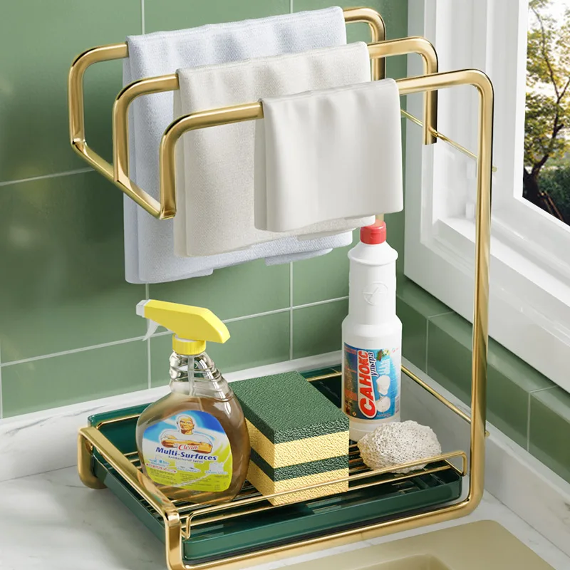 

Light luxury style Rag Drain Rack Kitchen Storage Holders Gold Wall Shelf Organizer Metal Double-layer Bracket Delicate Texture