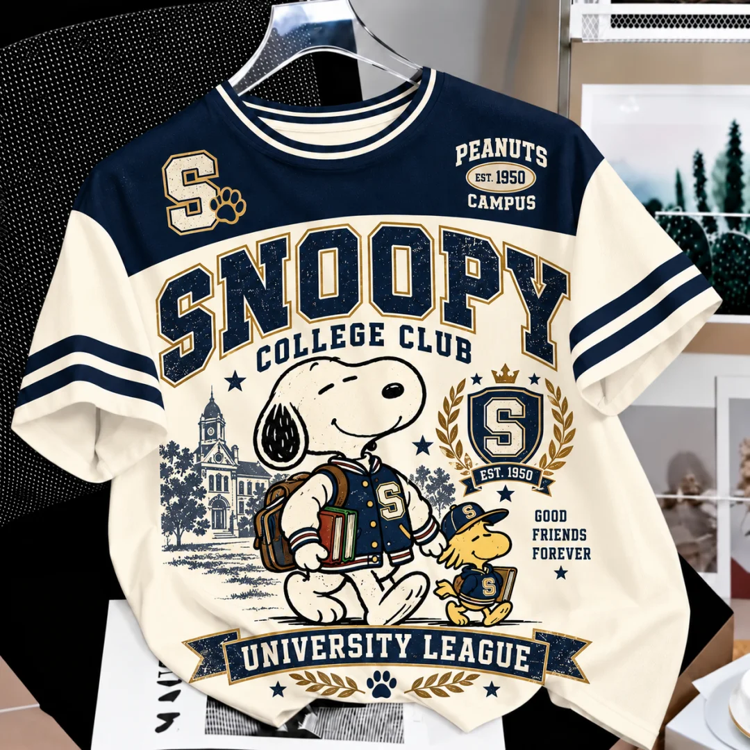 Snoopy University League Varsity T Shirt Men Women Vintage Campus College Cartoon Tees Summer Oversized Short Sleeve Kids Tops