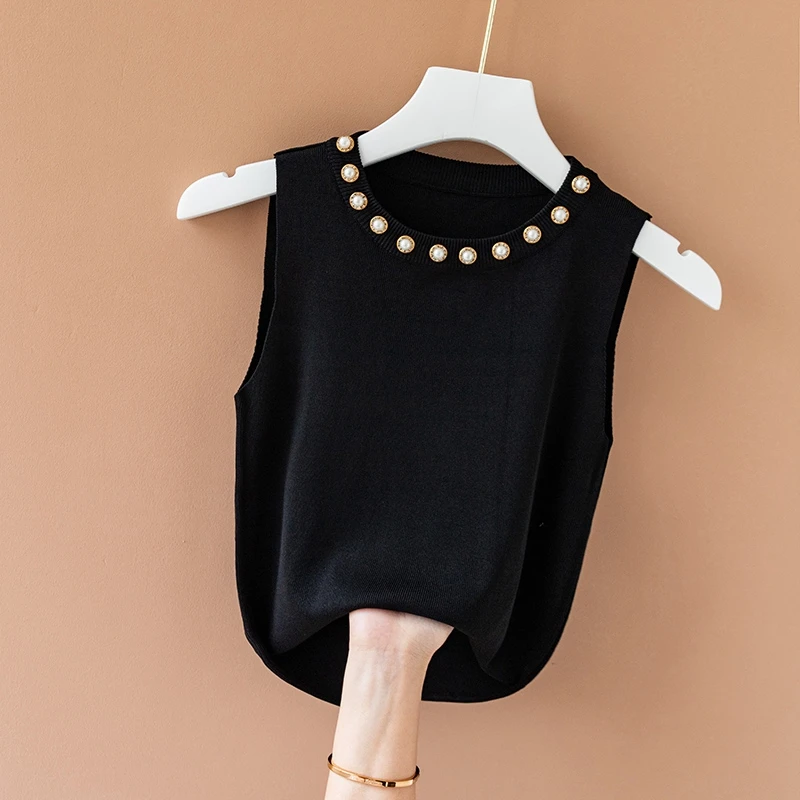 Knitted Camisole Sweater Vest Women O-neck Nail Bead White Sleeveless T-shirt Lady Solid Color Slim Fit Basic Versatile Top