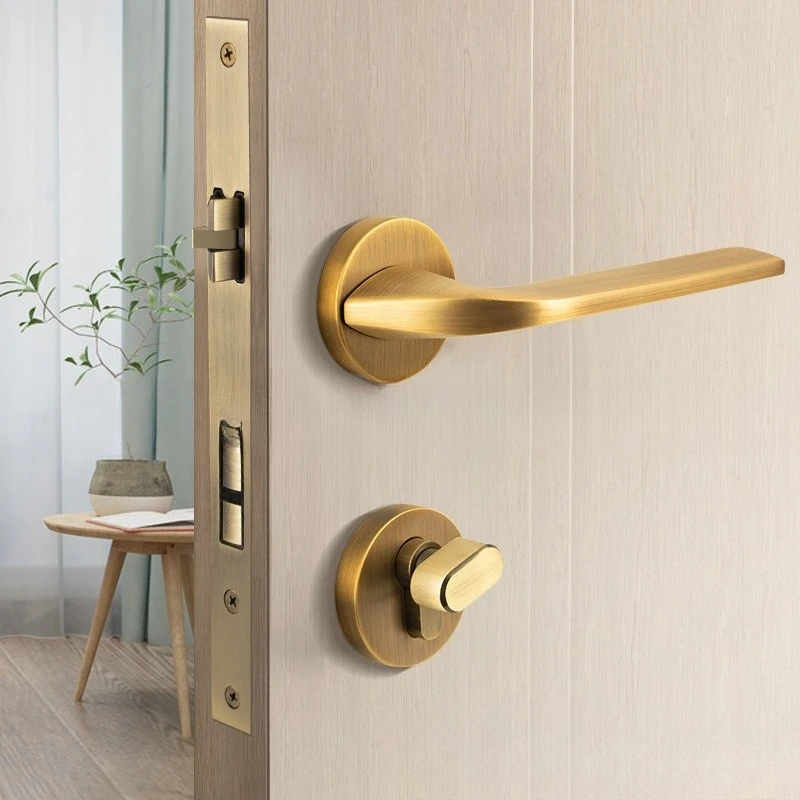 Brass indoor silent door lock light luxury brass bedroom lock magnetic suction wood door split  handle lock wholesale