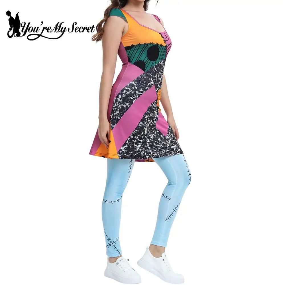 

[You're My Secret] Women's Sleeveless Cosplay Sally Dress Leggings Set Halloween Nightmare Carnival Party Costume Outfit