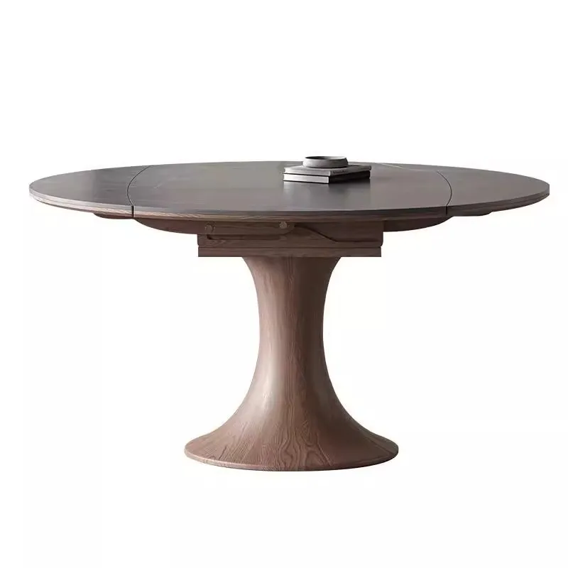Retractable round solid wood rock slab dining table and chair combination household stretch table