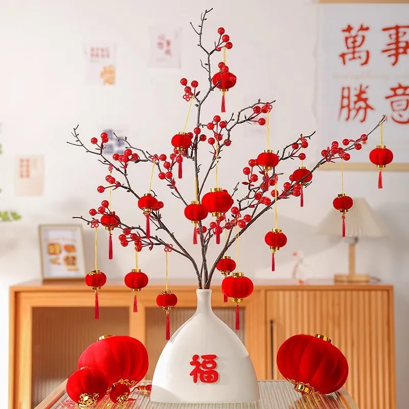 20/30PCS Flocking Small Lantern Hanging Decoration Indoor Bonsai Hanging Pieces String of Red Lanterns Traditional Chinese Style