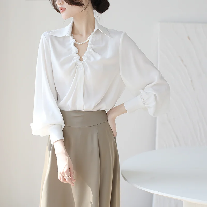 

Long Sleeve Shirts Womens Satin Oversized Buttoned Blouses Polka Dot Lantern Sleeves Feminine Elegant Retro Spring Streetwear