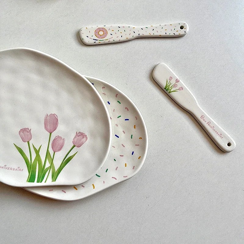 Ceramic Plate Dinner Set INS Lovely Tulip Donuts Butter Cheese Knife French Dessert Plate Jam Cream Spatula  Wedding Tableware