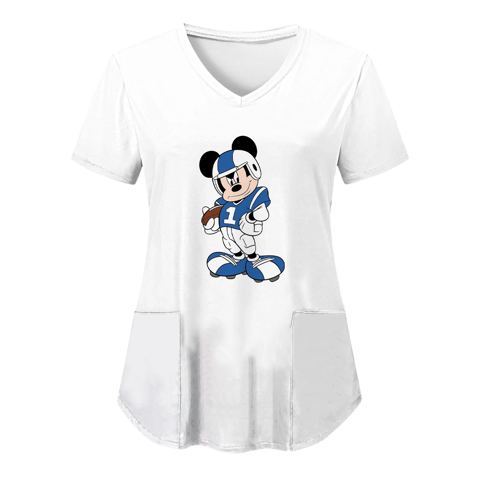 女性用ミッキーミニーマウスTシャツ,VネックTシャツ,ポケットシャツ,看護ユニフォーム,病院服,2021, 2024