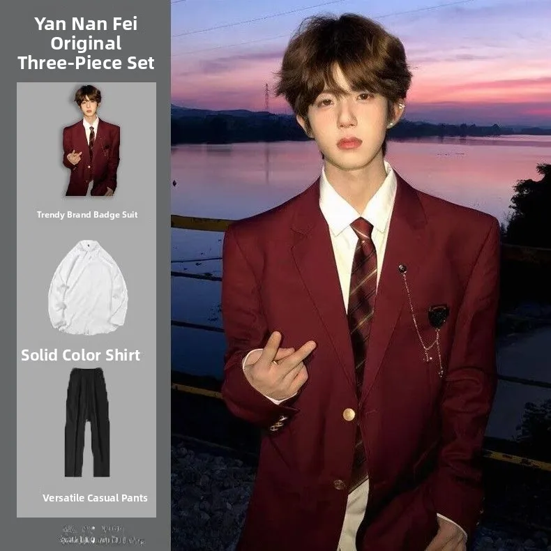 New Original 2026 Spring Autumn Red DK Uniform Set Men's Suit Jacket Graduation Student Youth Fashion Loose Fit Single Button