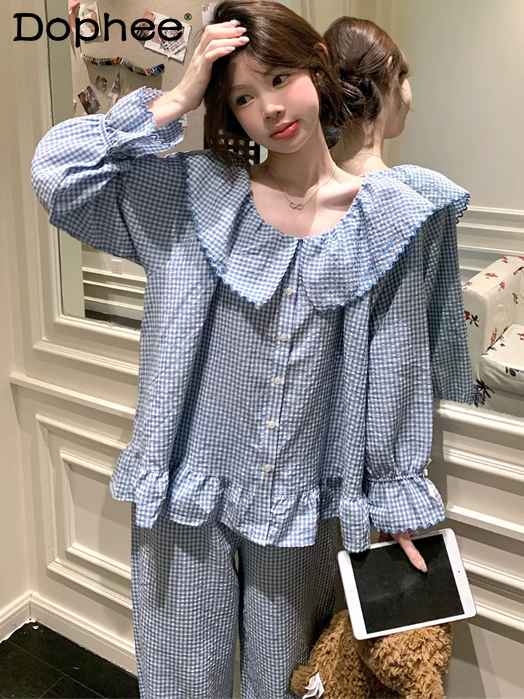 pyjama-de-style-palais-coreen-pour-femmes-manches-bouffantes-a-revers-a-carreaux-ample-decontracte-confortable-ensemble-de-vetements-de-maison-automne