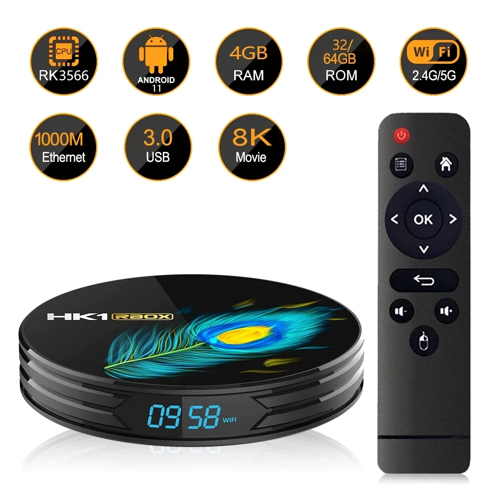 HK1 RBOX R3 Android 11.0 TV Box 4GB RAM 64GB ROM RK3566 Support 8K HD 2.4G/5G Dual WiFi 1000M BT4.0 Set Top Box