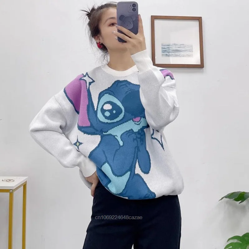 Disney Cartoon Stitch Clothes Y2k Cute Round Neck Sweater Autumn Winter Fashion Soft Knitted Top Shirts Women Jacquard Pullovers