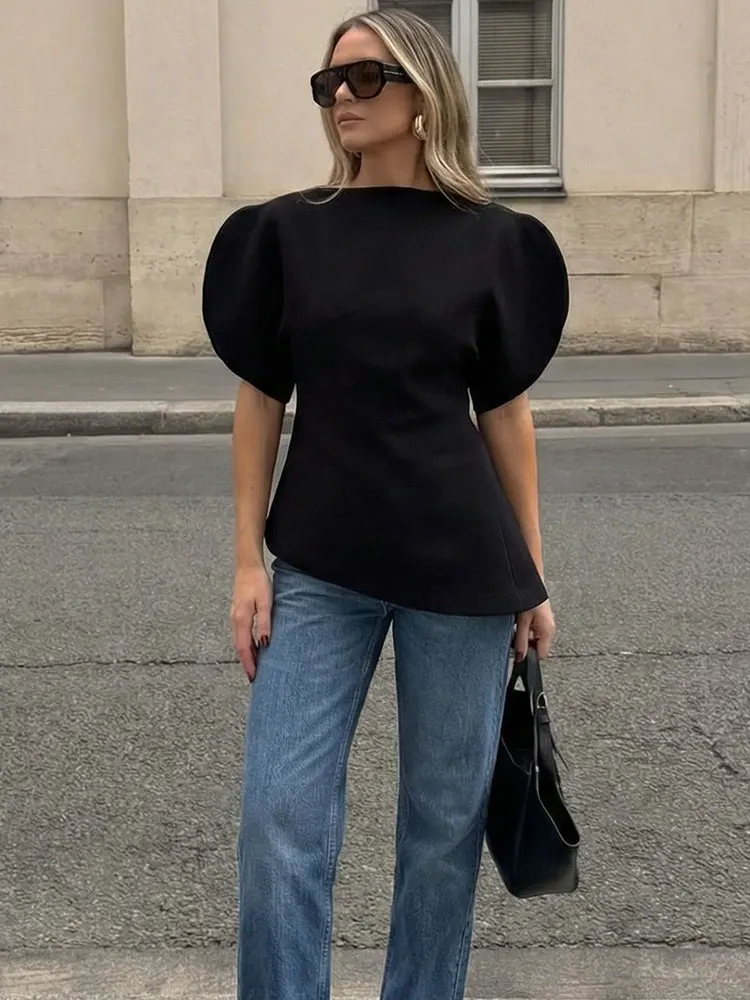 HH Frühlingsbluse mit Puffärmeln für Damen, lässige O-Neck-Kurzarm-Shirts, Sommermode für Damen, einfarbige, schicke Oberteile für die Büro-Dame