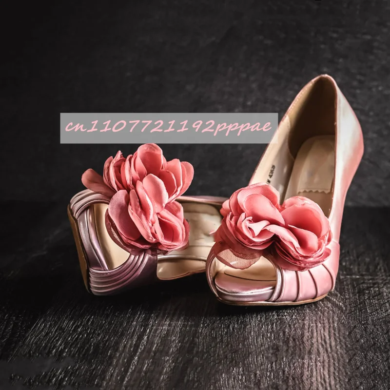 

Pink Flower Open Toe High Heels Elegant Satin Pointed Stilettos Shallow Mouth Pumps Fashion Party Dress Banquet Women'S Shoes
