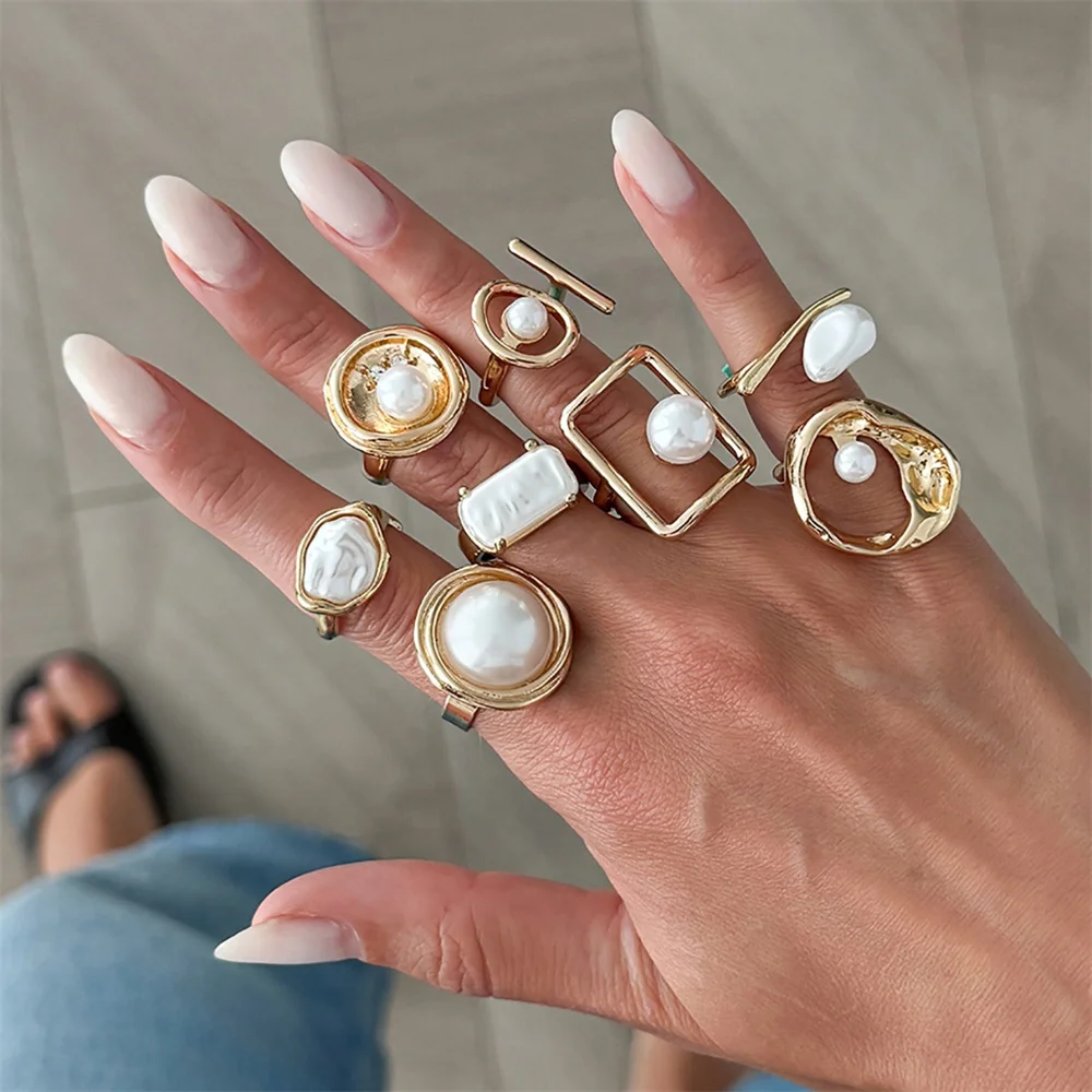 8Pcs/Set Fashion Gold Color Irregular Geometric Open Rings For Women Vintage Imitation pearls Metal Knuckle Joint Ring Jewelry