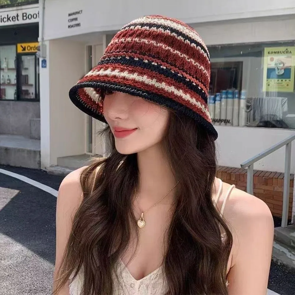 Foldable Striped Knitted Hollow Fisherman Hat Big Eaves Breathable Straw Bucket Cap UV Protection Multicolor Basin Hat Travel