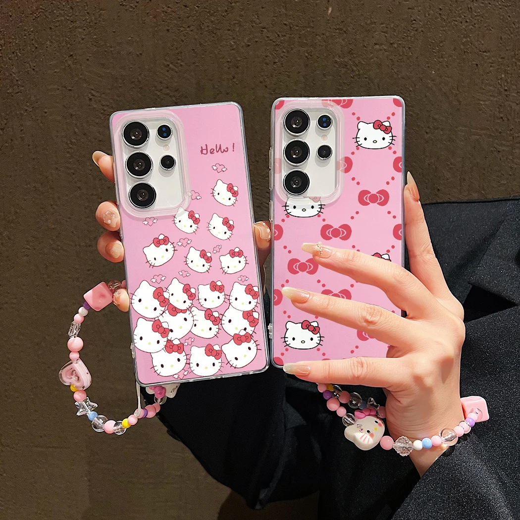 

Wrist strap Hello Kitty Full screen Phone Case Cute Cartoon Soft Silicone Cover For Samsung Galaxy S25 S24 S23 S22 FE Plus Ultra