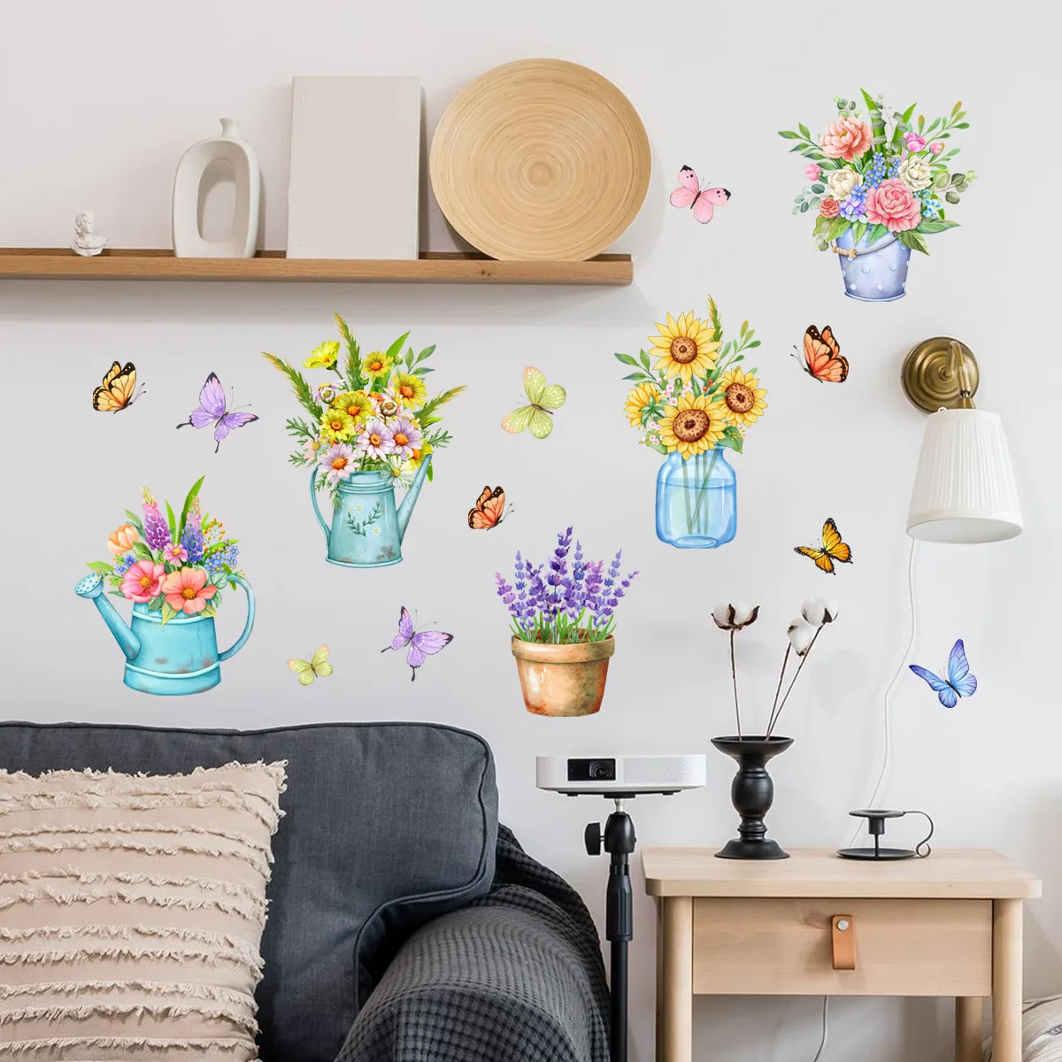 

30*60cm Plants Flowers Potted Butterfly Wall Stickers Background Wall Living Room Bedroom Restaurant Decorative Wall Stickers