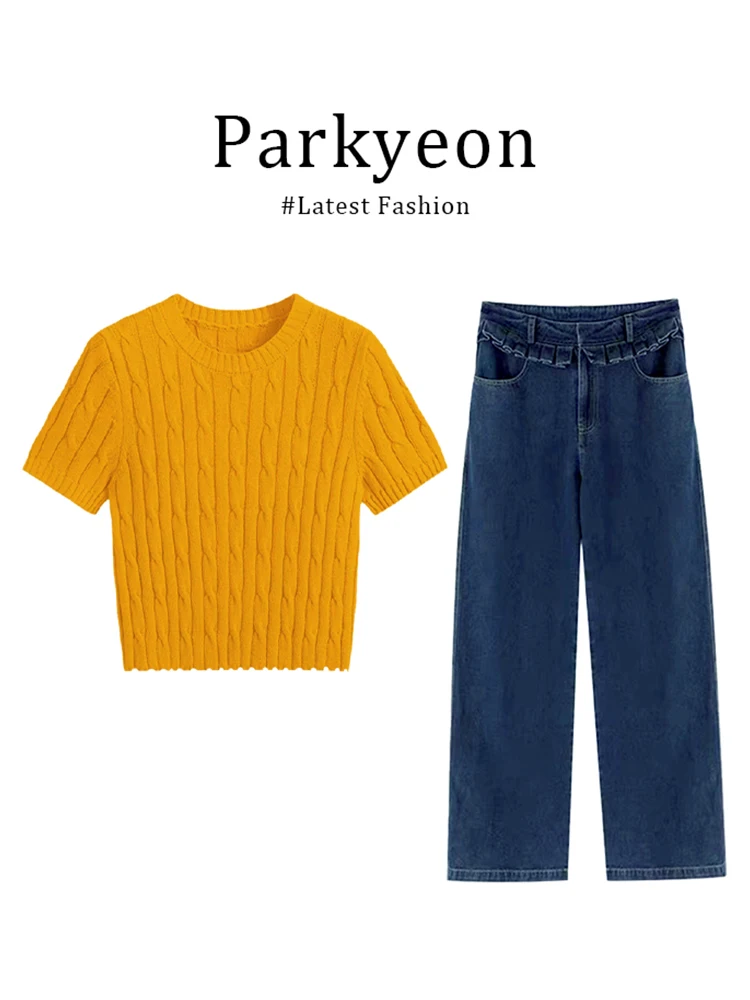 

Желтый комплект в корейском стиле: вязаный топ с коротким рукавом и джинсы, женский, весна-лето-осень, облегающий крой, короткий