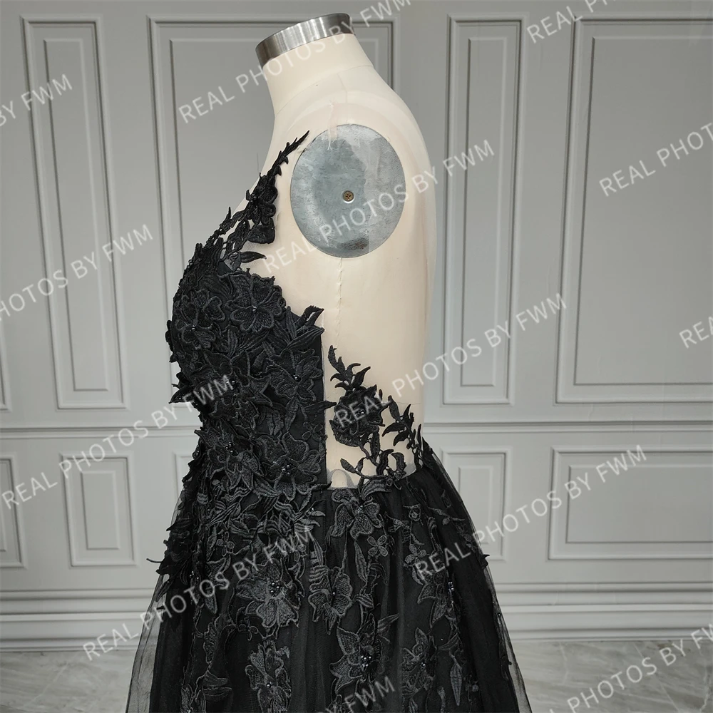 15498 #   Vestido de novia gótico negro con foto Real, vestido de novia Sexy con abertura lateral, vestido de novia de tul sin espalda personalizado de talla grande