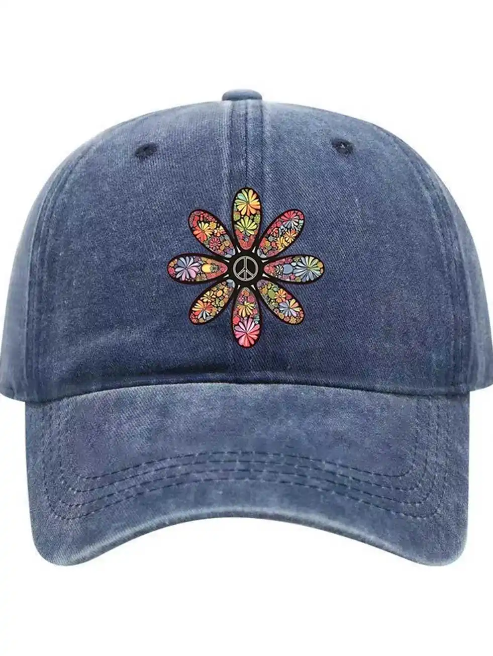 Retro Unisex Baseball Cap with Multicolor Flower & Peace Symbol，Casual Outdoor Hat for &, Daily Wear, Travel, 60s/70s Inspired