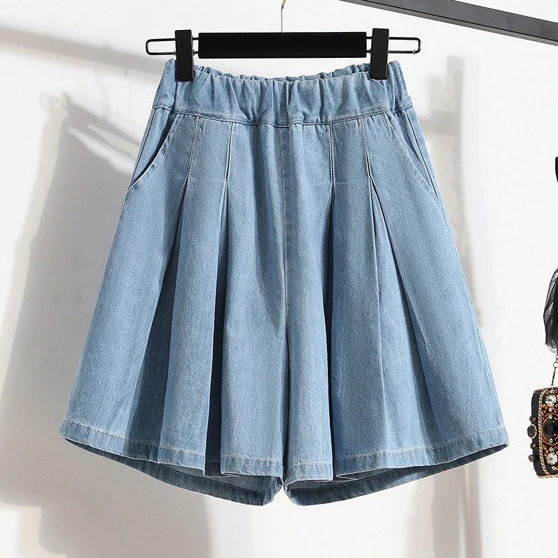 Women Denim Shorts Summer Elastic Waist Pleated Wide Leg Shorts Loose Casual Solid Color Half Pants Plus Size Female Shorts
