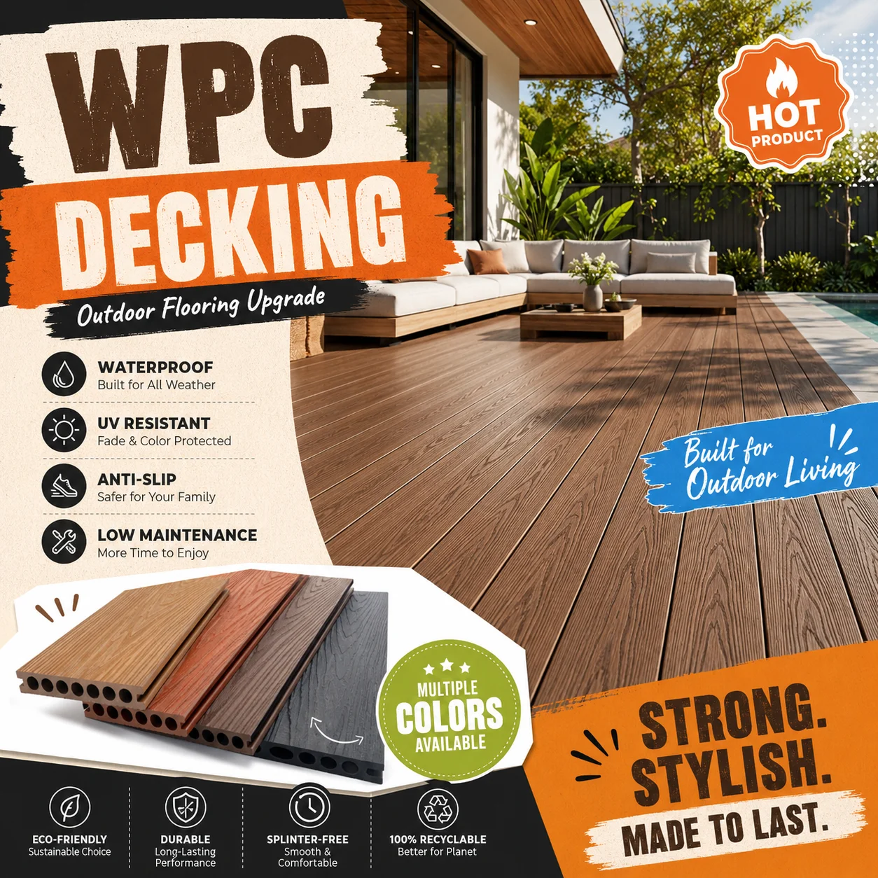 Tarima de Madera Compuesta WPC para Exteriores, Resistente al Agua, para Jardín, Patio, Terraza, Balcón, Piscina, con Privacidad