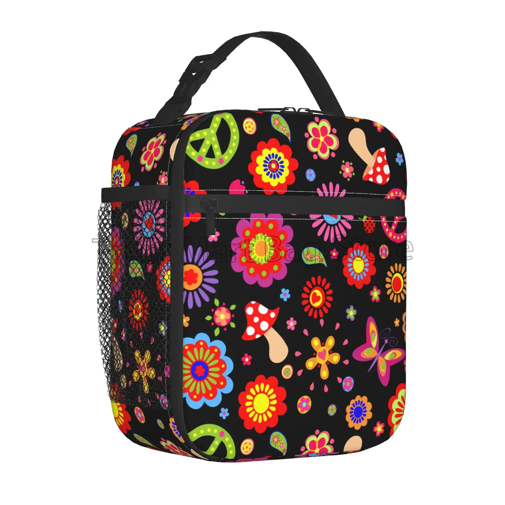 Bolsa de almuerzo reutilizable Peace Hippie con flores, bolsa Bento térmica Oxford impermeable portátil para trabajo, escuela, Picnic, viajes