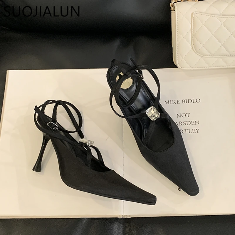 SUOJIALUN 2025, Neue Marke Frauen Sandale Mode Großen Kristall Damen Elegante Slingback Schuhe Thin High Heel Spitz Kleid Pumpen