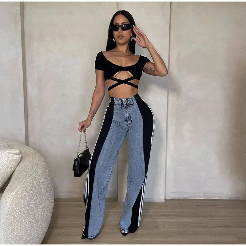 Splicing Three Stripe Wide Leg Denim Pants Women Casual High Waisted Elastic Straight Leg Pants Color Block Straight Trouser