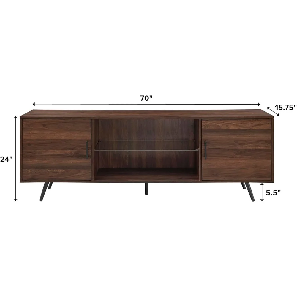 Suporte de TV Saxon Mid Century moderno com prateleira de vidro de 2 portas para TVs de até 80 polegadas, 70 polegadas, nogueira escura