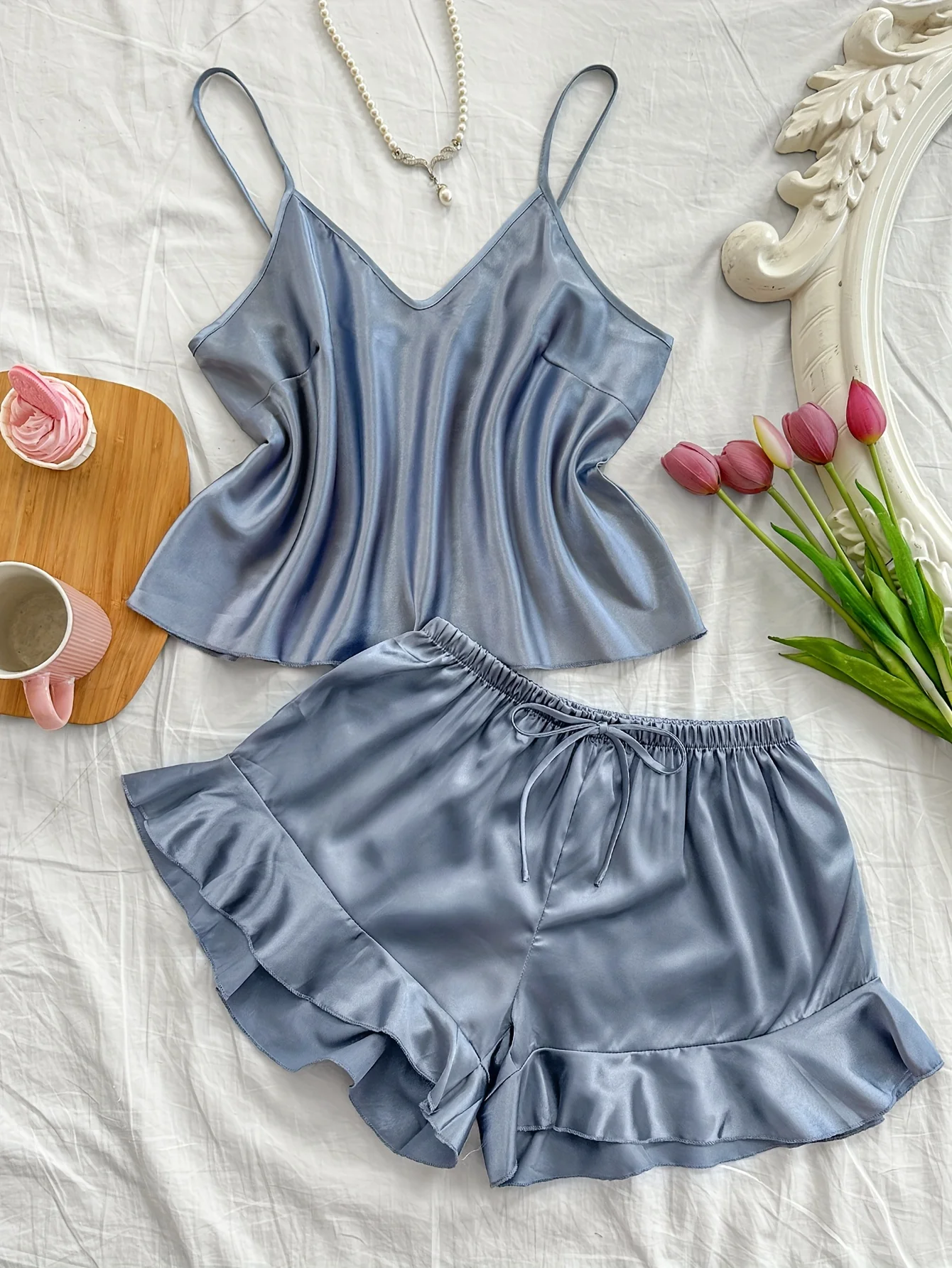 

Women's V-Neck Faux y Camisole Shorts Pajama Set, 2pcs