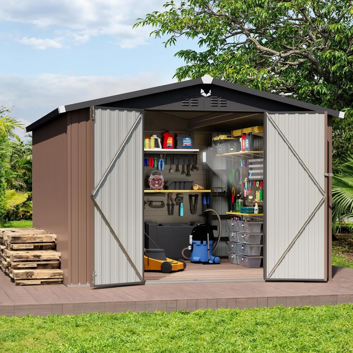 

Metal Storage Shed with Lockable Door, Outdoor Storage Building,Large Backyard, Waterproof Outside, Customized, 10x12