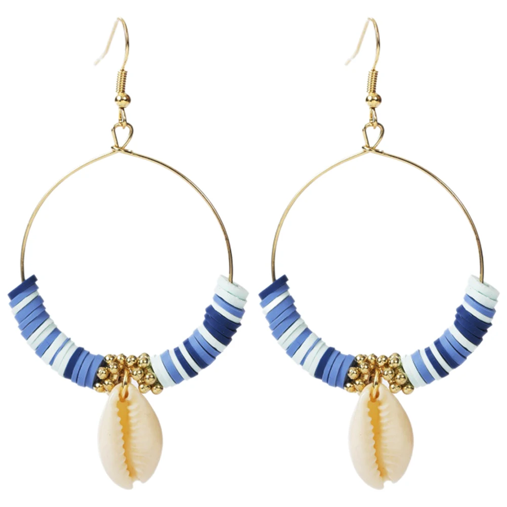 

1 Pair Large Shell Bead Dangle Hoop Drop Earrings Circle Round Women Minimalist Statement Jewelry For Festival Beach Wedding