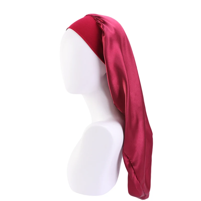 Neue Lange Satin Motorhaube Schlaf Kappe Frauen Seidige Schlaf Kappe Mit Breiten Gummiband Haarpflege Turban Zöpfe Lockiges Haar Natürliche Haar – Detail 7