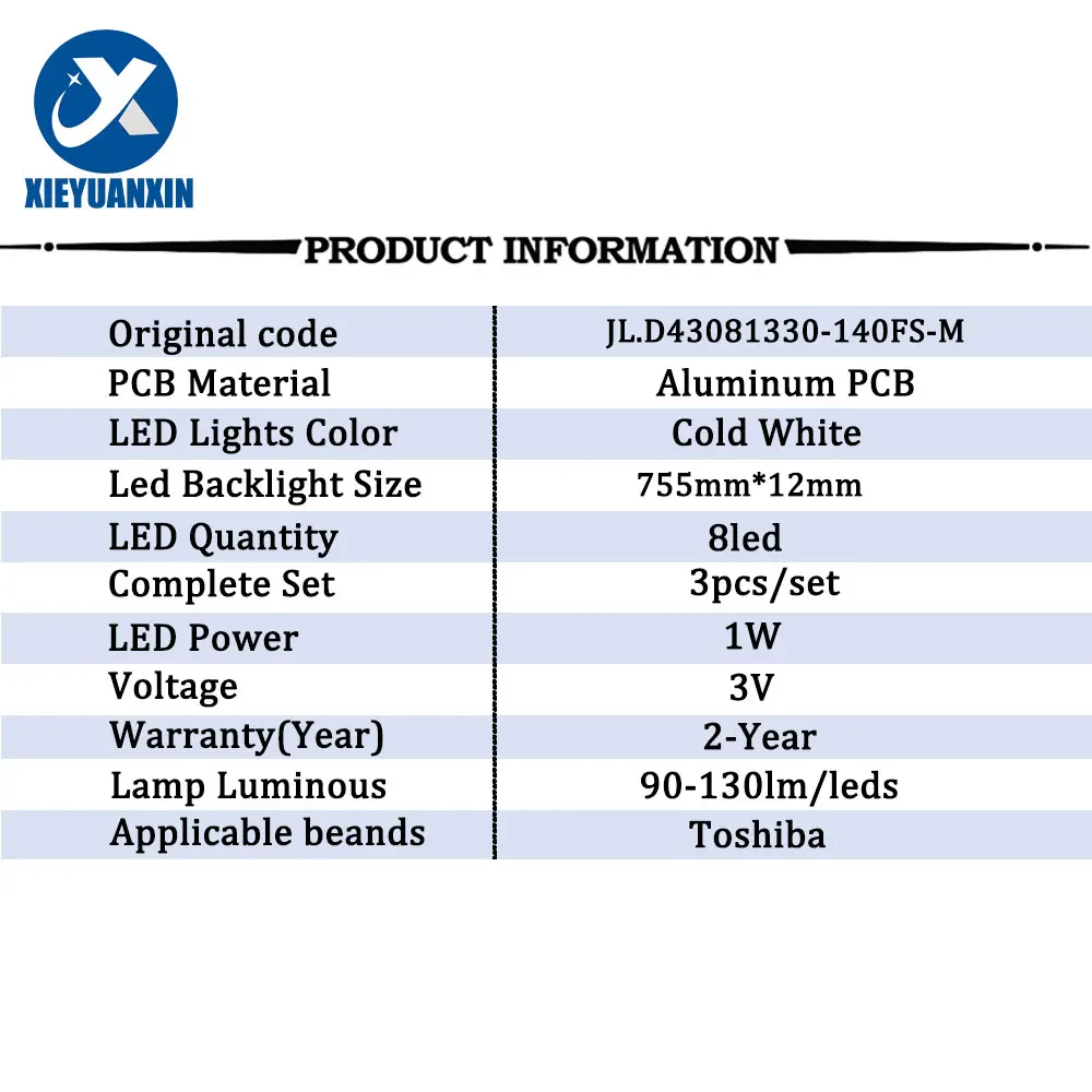 3 pcs/set 43 polegadas 755mm LED Backlight TV Strip para Toshiba 43 polegadas 8 Led 3V 1W JL.D43081330-140FS-M L42E9600 43L2600C 43L26CMC