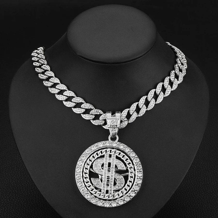 RENQING hot sales alloy with rhinestone cuban chain hip hop rotatable USD pendant necklace