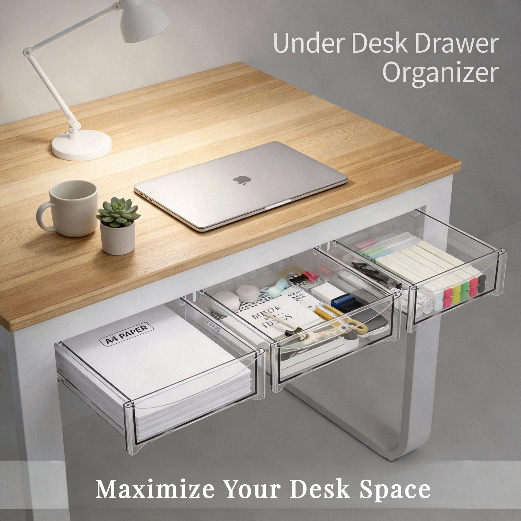 Under Desk Drawer Organizer 3-Tier Transparent Acrylic Storage Box Office Desktop Organizer Hanging Mount