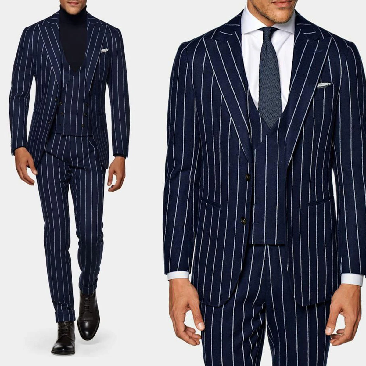 Navy Blue Men Suits 3 Pieces Blazer Vest Pants Single Breasted Business Peaked Lapel Pinstripes Wedding Groom Tailored Plus Size