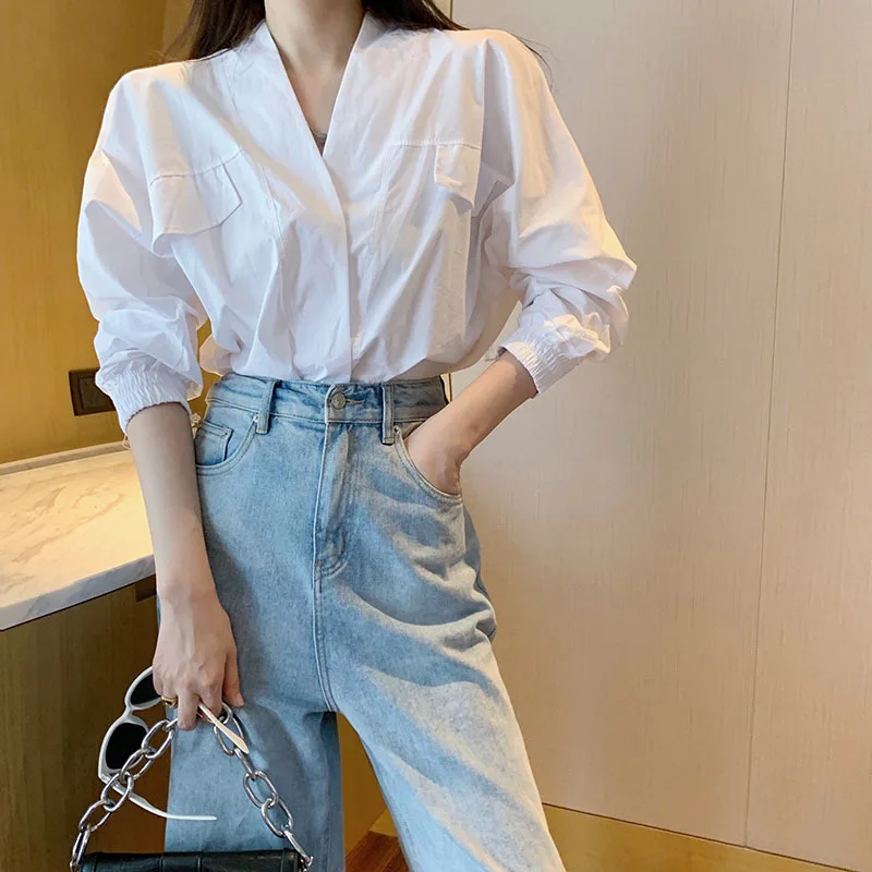 Women White Big Size Shaped Blouse New V-collar Long Sleeve Loose Fit Shirt Fashion Tide Spring Autumn 2024